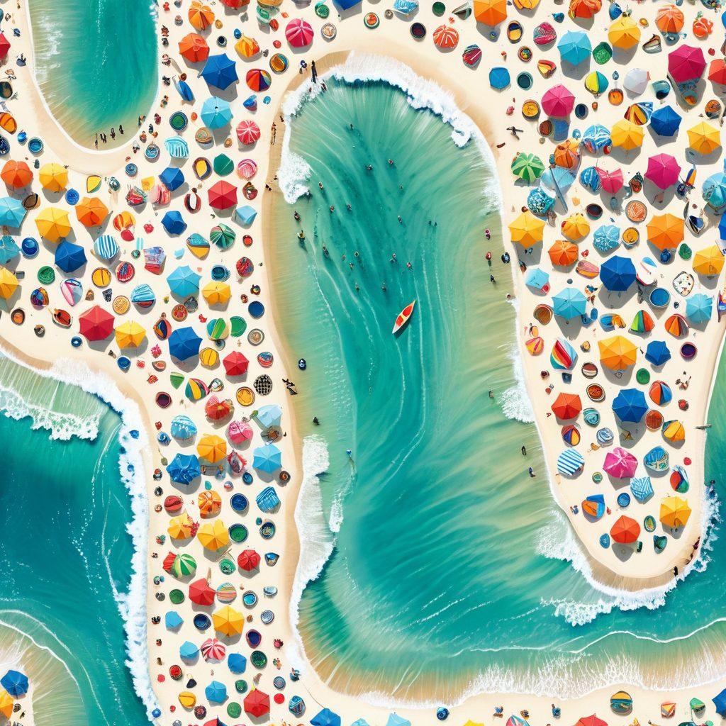 A stunning beach scene featuring vibrant, colorful bikinis on display, contrasting with a backdrop of scenic highways and crashing waves. Include adventurous elements like surfboards and beach umbrellas, evoking a sense of summer escapades. The sky is clear with the sun shining brightly, creating a lively and playful atmosphere. super-realistic. vibrant colors. white background.