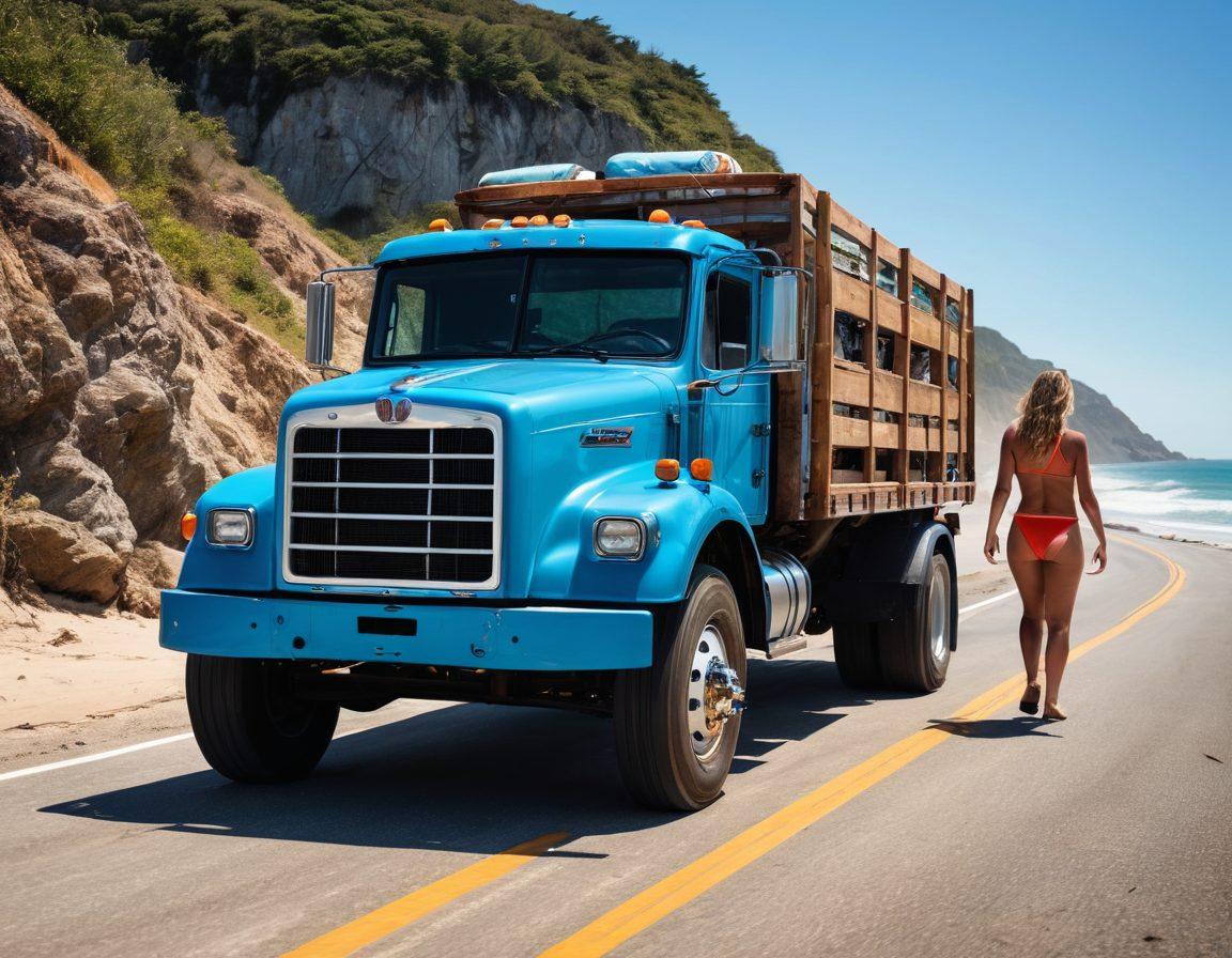 A rugged truck parked at a scenic highway overlooking the ocean, with a diverse group of stylish men and women in vibrant swimwear, showcasing confident poses and enjoying the freedom of summer. The scene captures the essence of freedom and adventure, blending trucking lifestyle with beach vibes, with warm sunlight and a clear blue sky in the background. super-realistic. vibrant colors. dynamic composition.